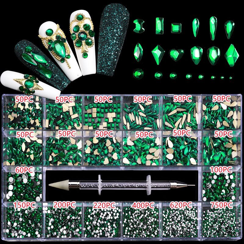 3100PCS/Boxed Luxury Rhinestone Nail Art Jewelry Set Glass Nail Crystals Box