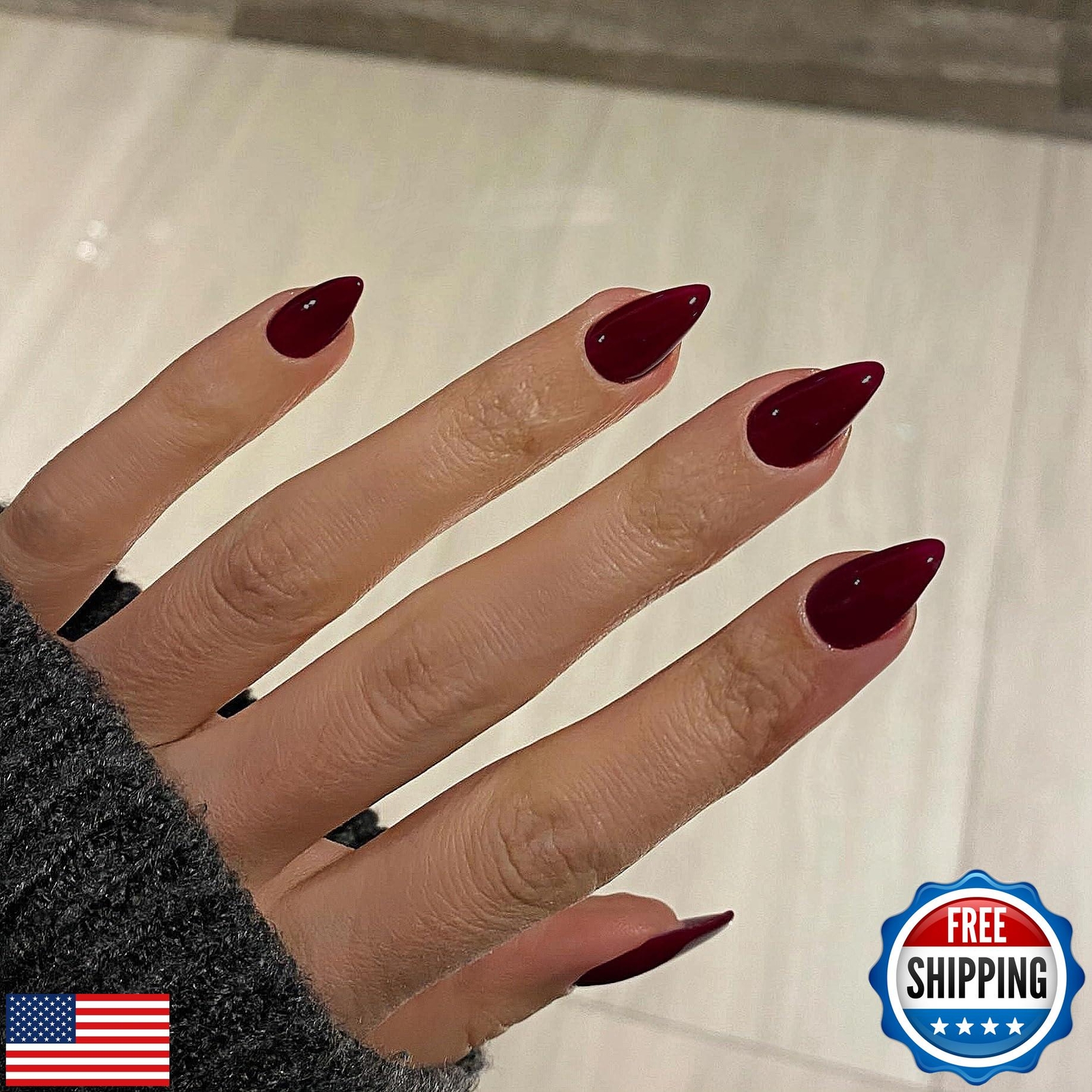 Burgundy Dark Red Press on Nails Short Almond Shaped, SXVME Fake Nails Glue o