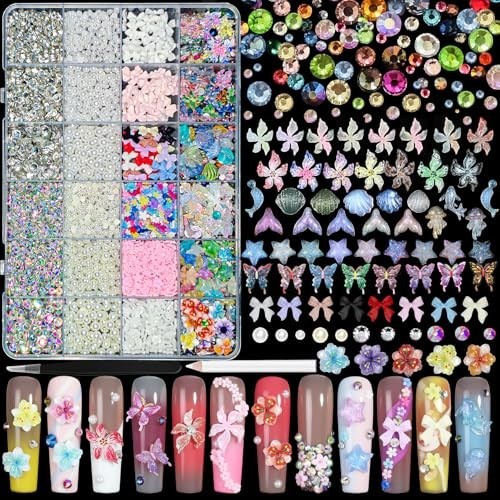 24 Grid Colorful Nail Charms – 3D Flowers, Butterflies, Ocean Stars, Rhinestones