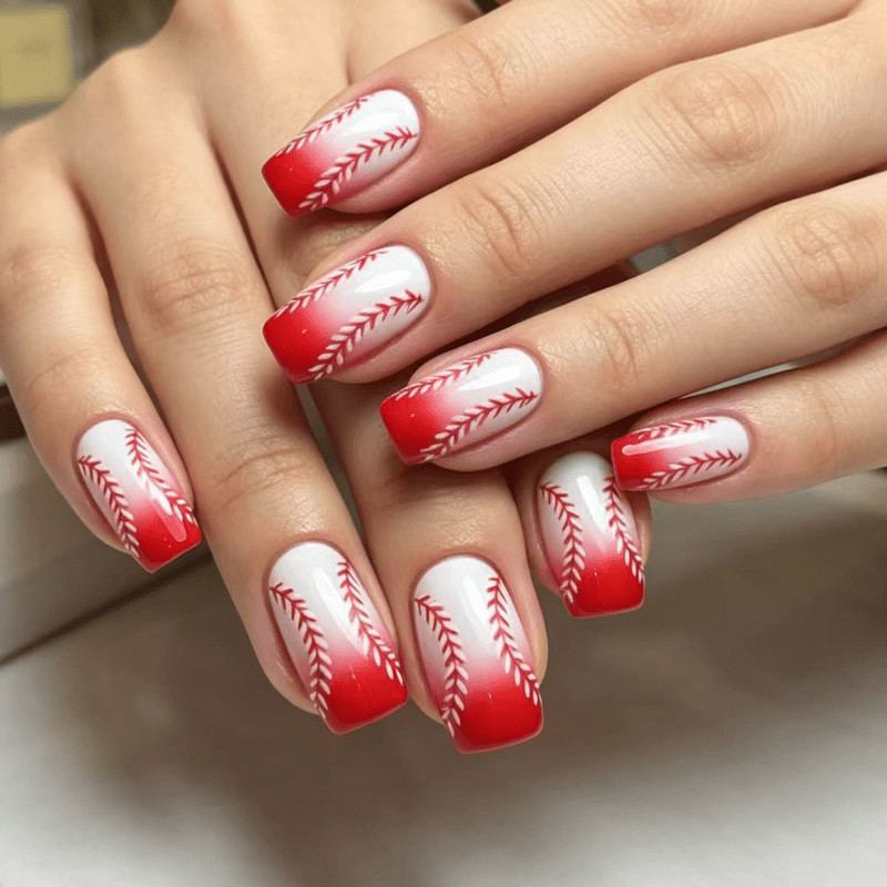 48Pcs Short Square Nails, Red White Gradient, Baseball Pattern, Sporty Style