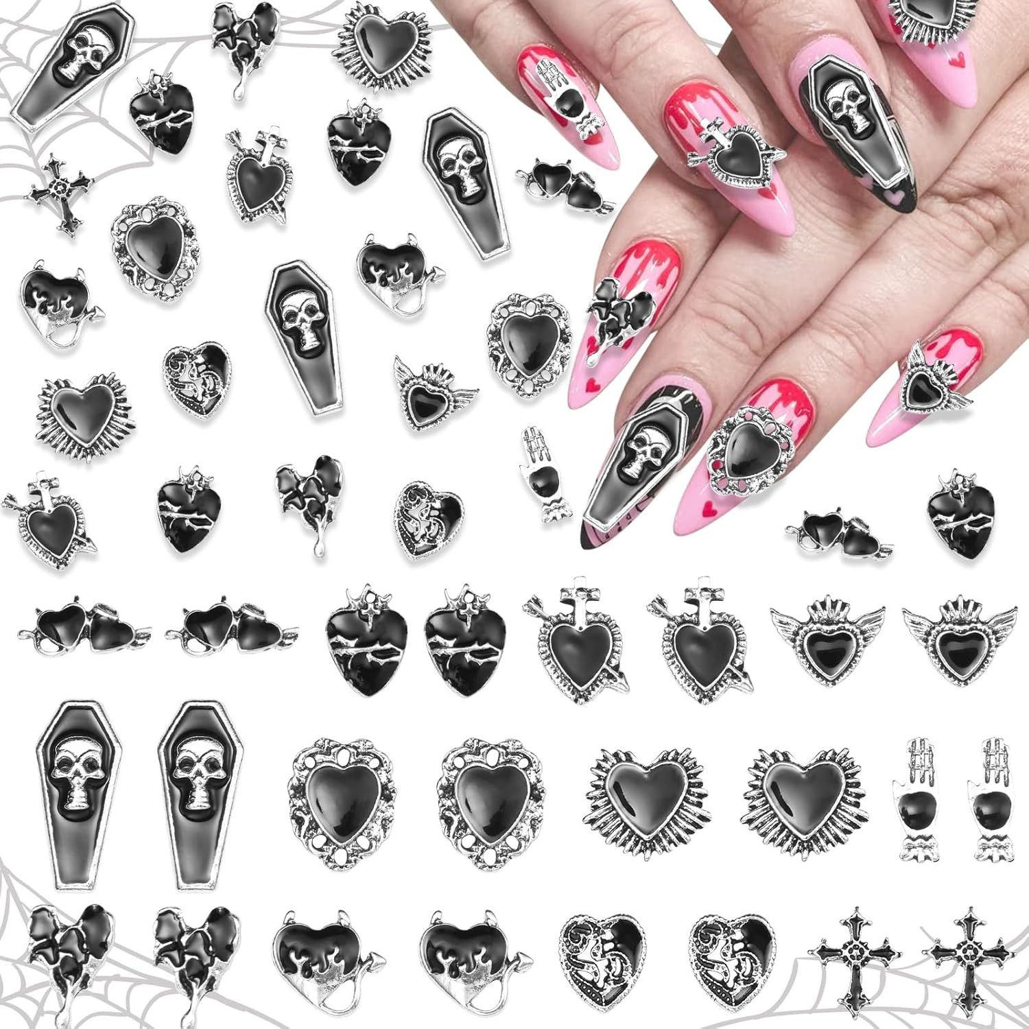 Halloween Nail Charms 24pcs Gothic Heart Cross Tombstone Gems Art Accessories