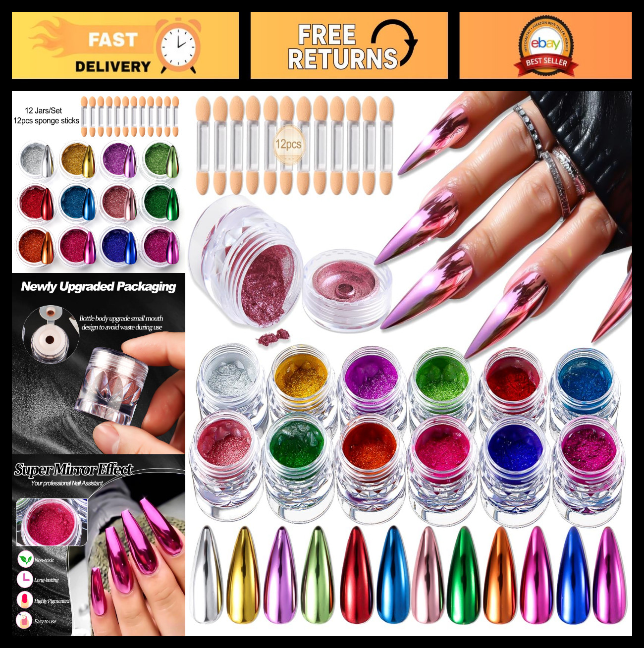 12 Colors Chrome Nail Powder Kit – Holographic Metallic Glitter for Nail Art & D