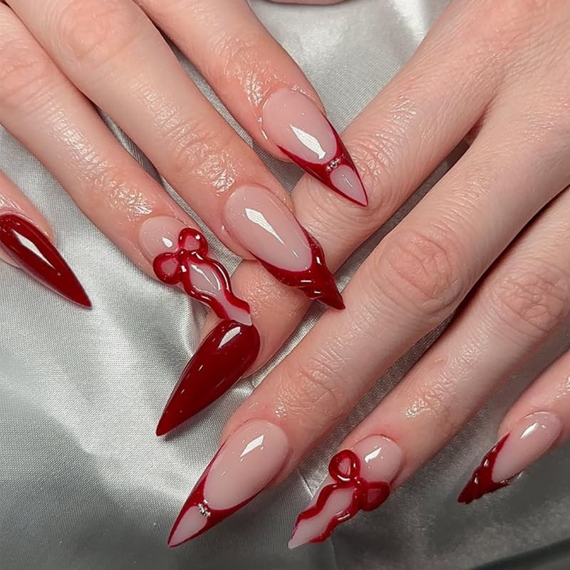 Red French Tip Press on Nails Medium Almond Fake Nails Wine Red Bow Style 7