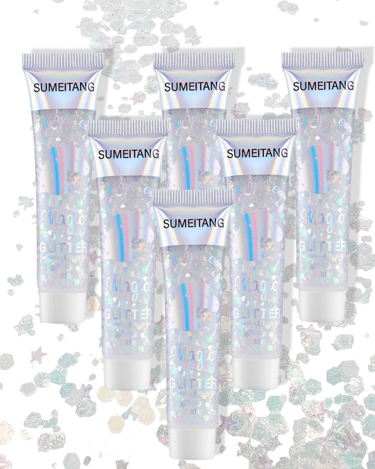 SUMEITANG 6PCS Clear White Body Glitter Gel Holographic Chunky Sequins Sparkly