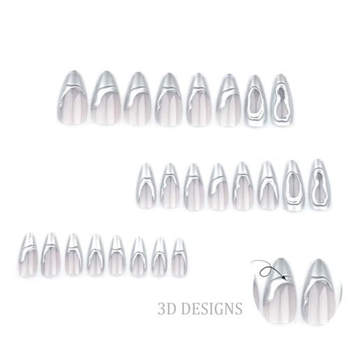 Silver Press on Nails Medium Almond Fake Nails 3D French Tips False H-29Silver