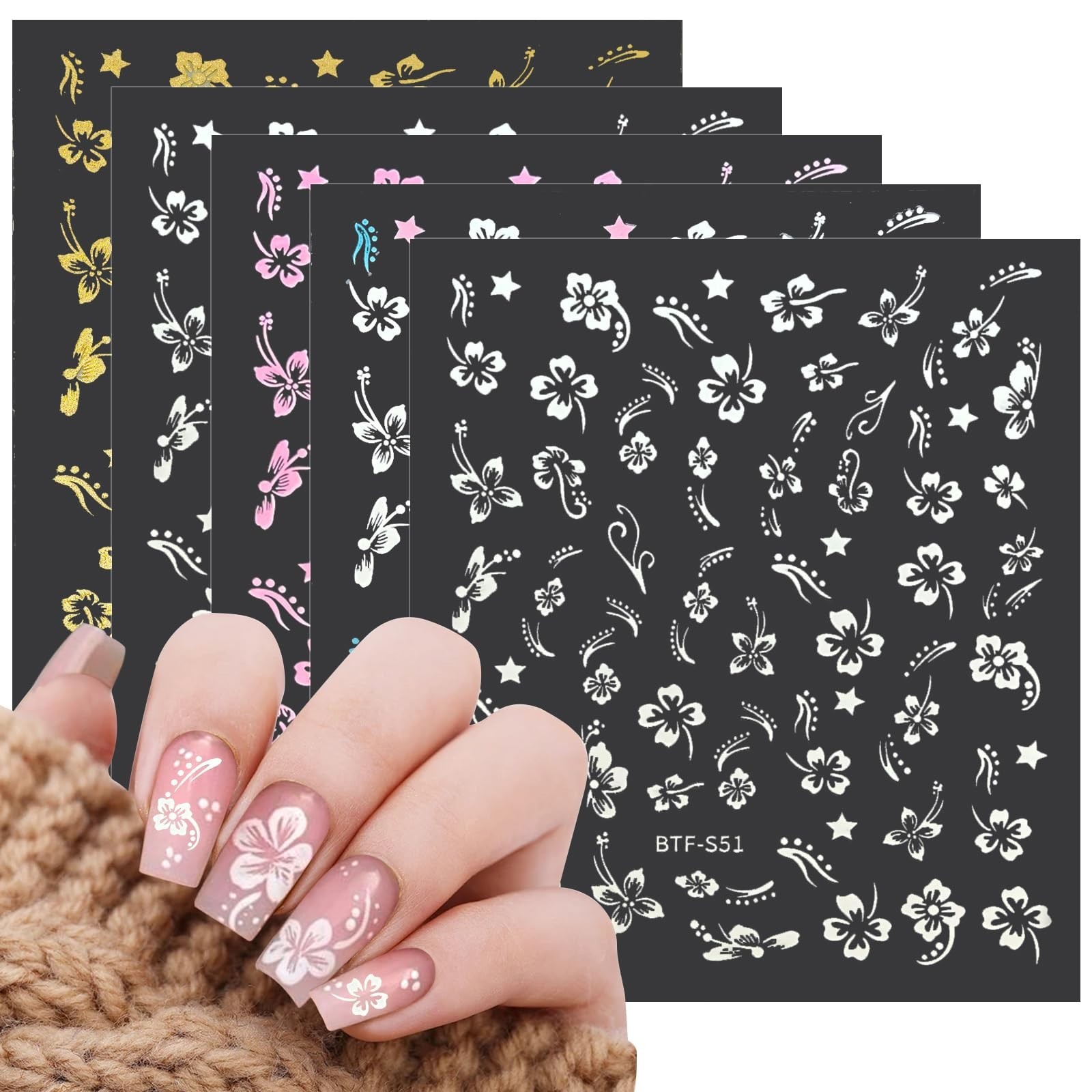 MUIIGOOD Flower Nail Stickers 10 Sheets Hibiscus Nail Decals White Pink Golde…
