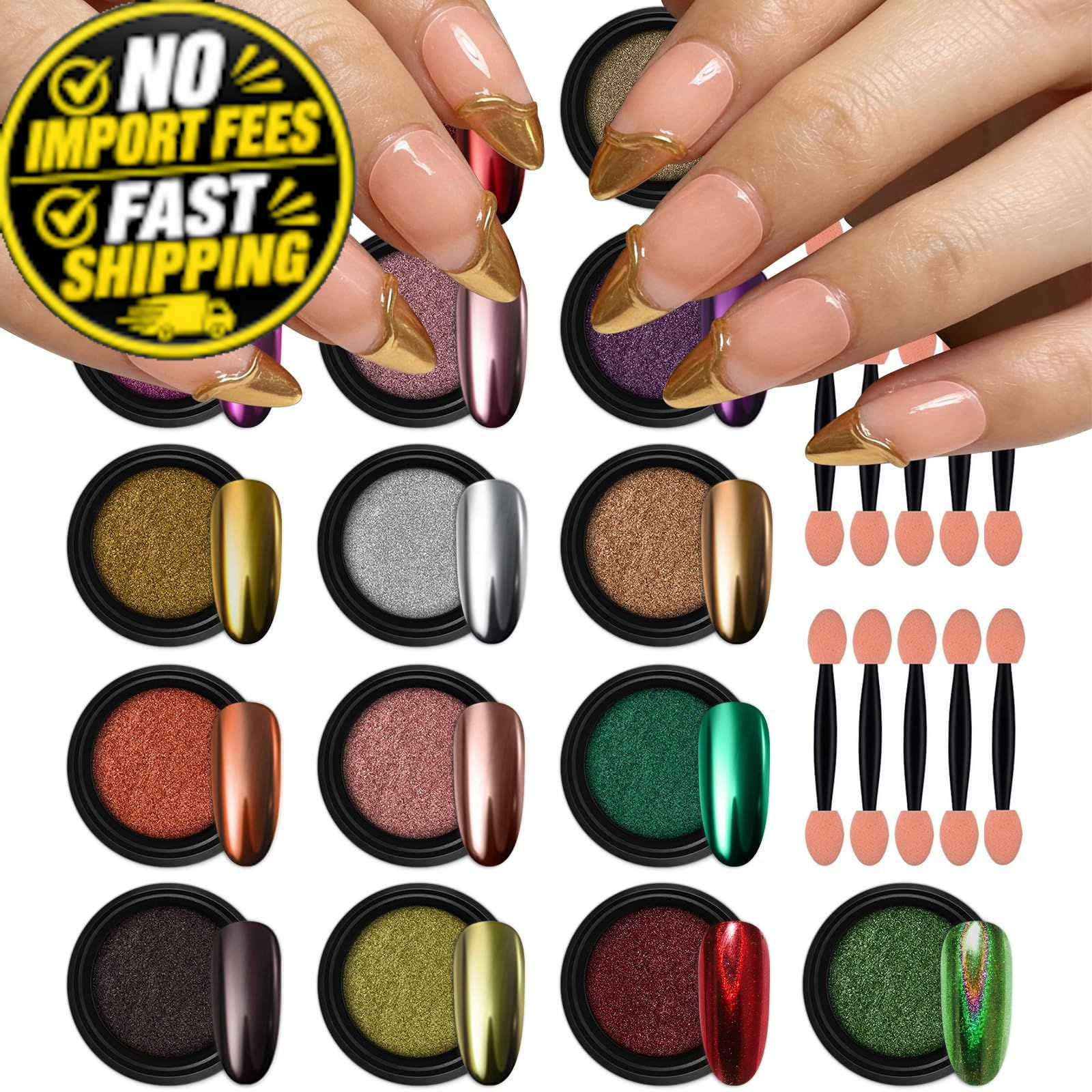 Artdone 16 Jars Chrome Nail Pearl Powder Silver and Gold 16 pcs colorful