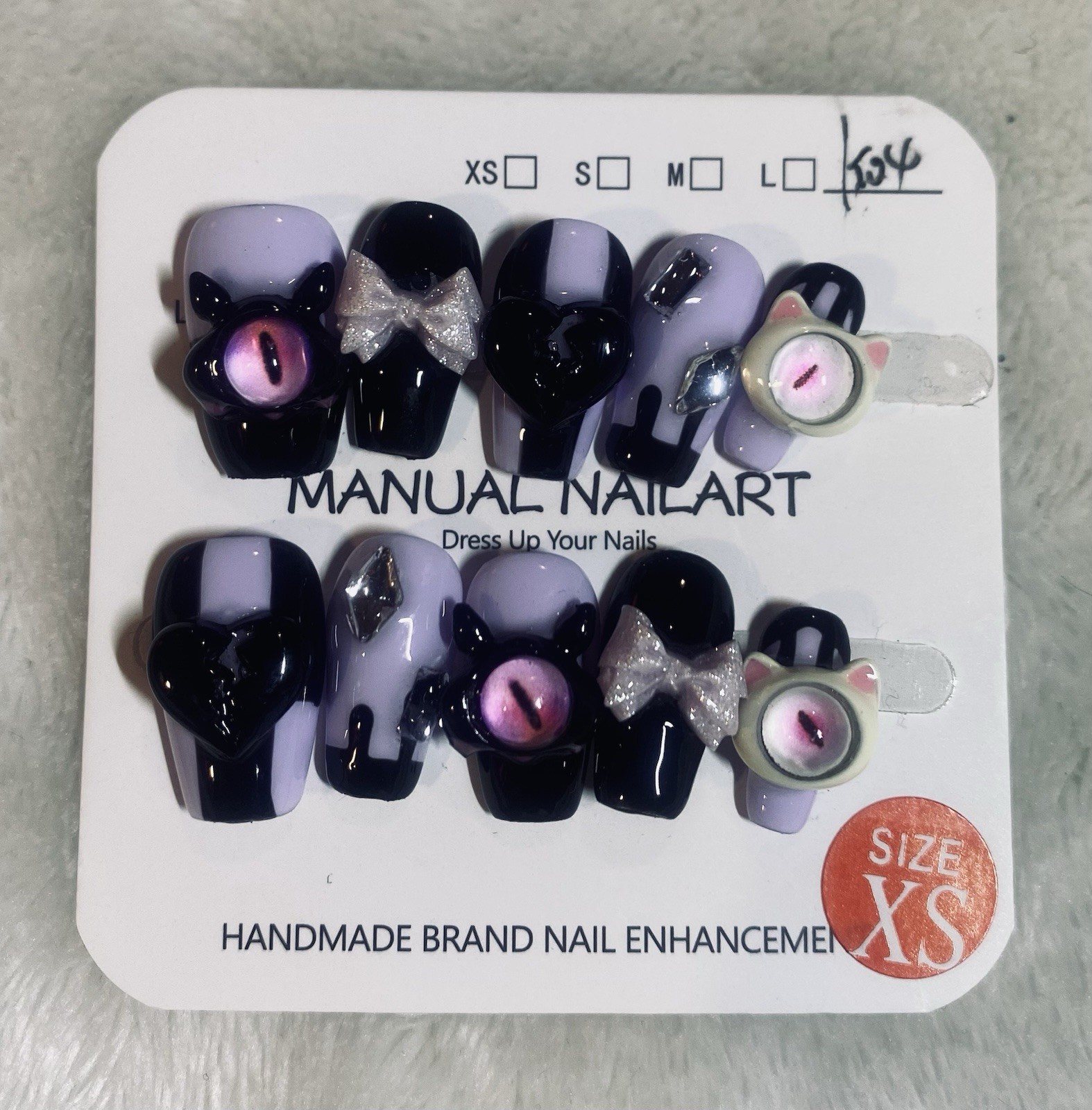 3D Monster Eye Press On Nails Glitter Bow Lavender Black Heart False Nails XS