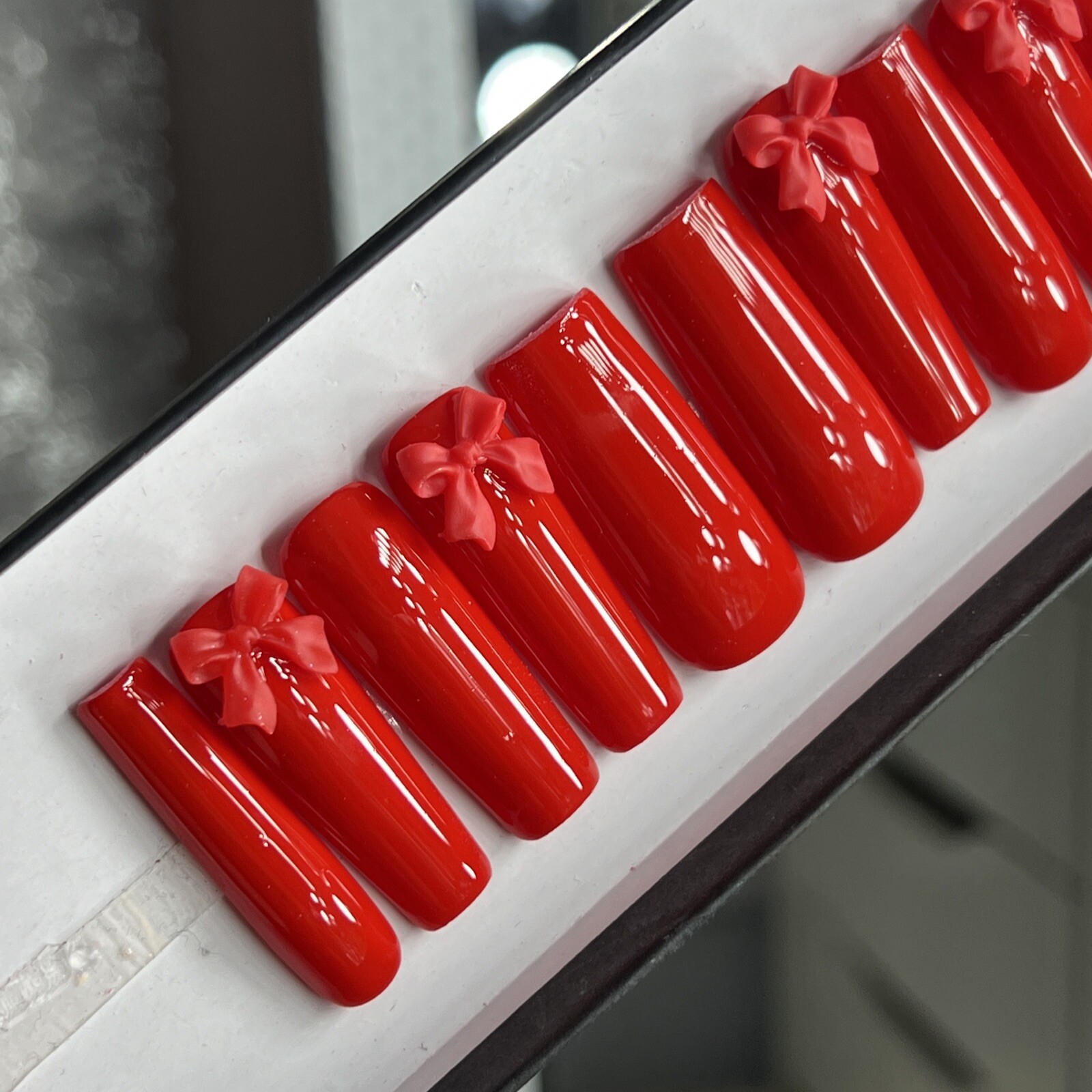 🔥CUSTOM Gel Press On Nails, CLASSIC RED BOW, 10p set FULL SET W Kit LONG SQUARE