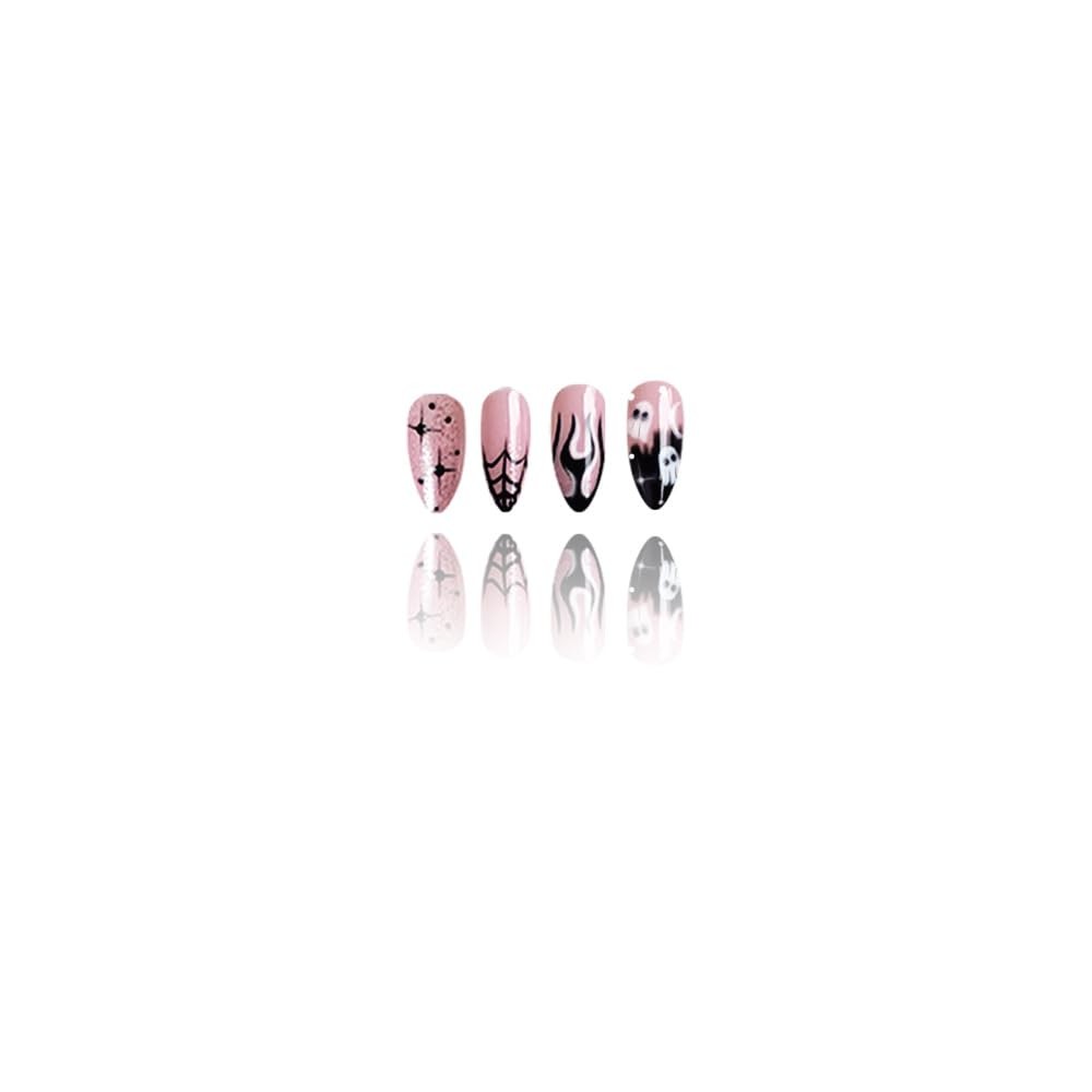 ONPRESS 24Pcs Halloween Press on Nails Short Almond Fake Nails Black Flame Fr…