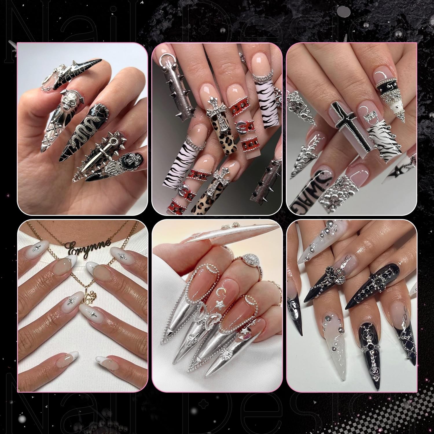 3D Mini Punk Nail Studs Cone Spike Alloy Rivets Black+Silver, Silver Flatback…
