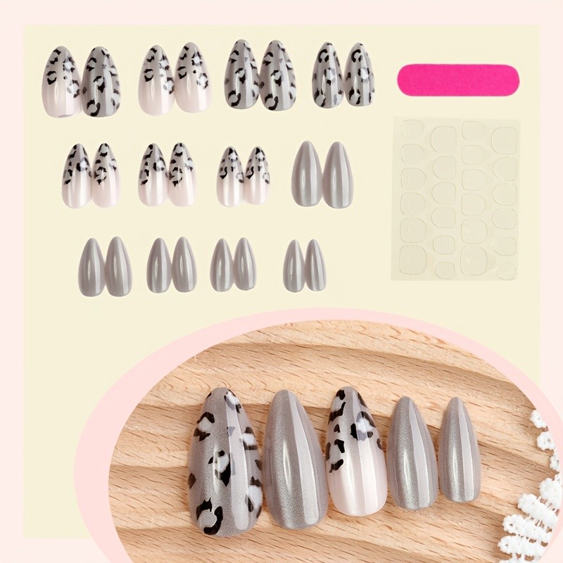 48Pcs-Medium Almond Silver Cat Eye Gradient Black Leopard Print Press on Nails