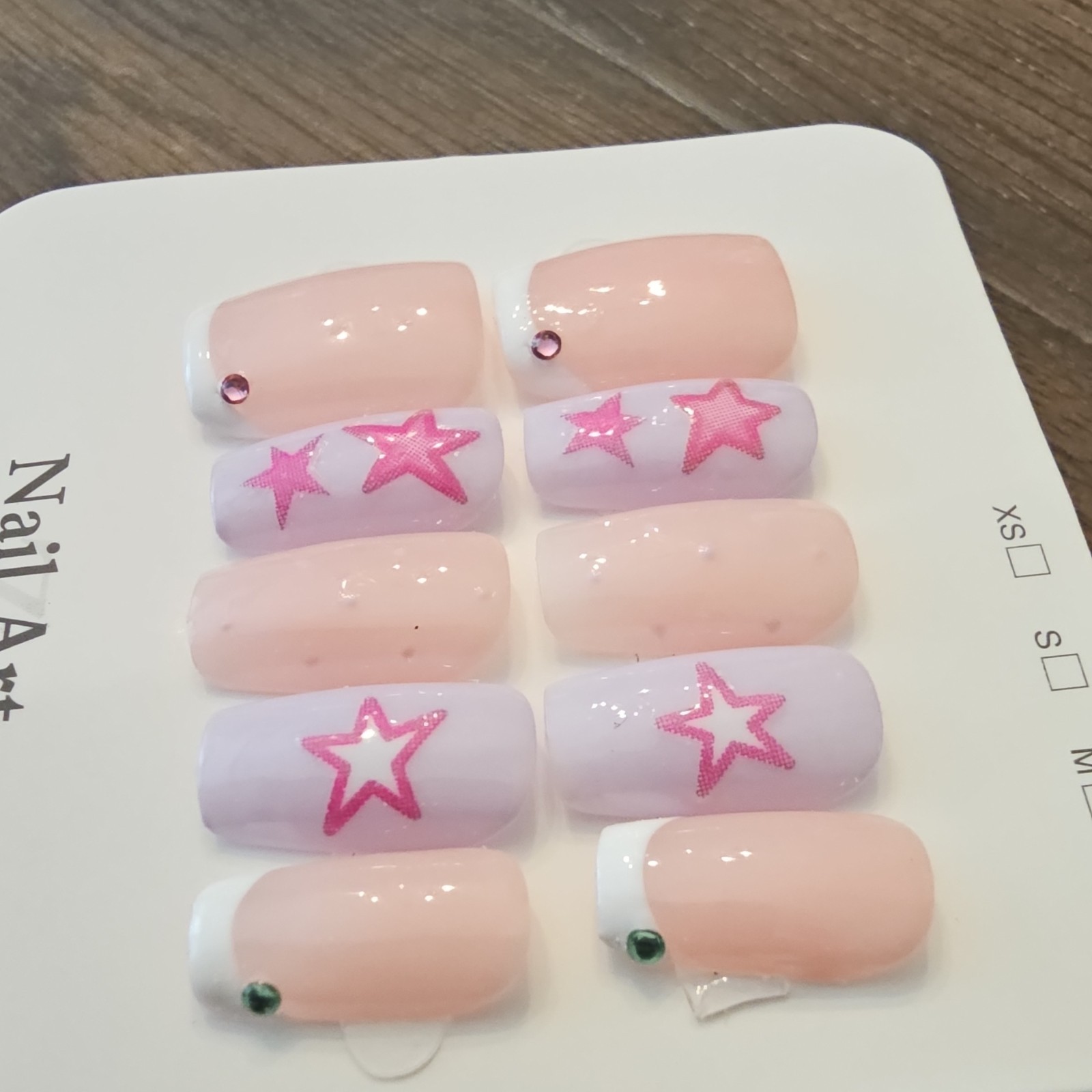Press-On Nails Large Square Pink/White French Star Set
