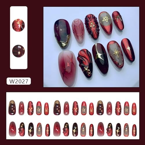 30Pcs Red Press on Nails Charms Medium Almond Fake Nails Stars Wine Red Style 5