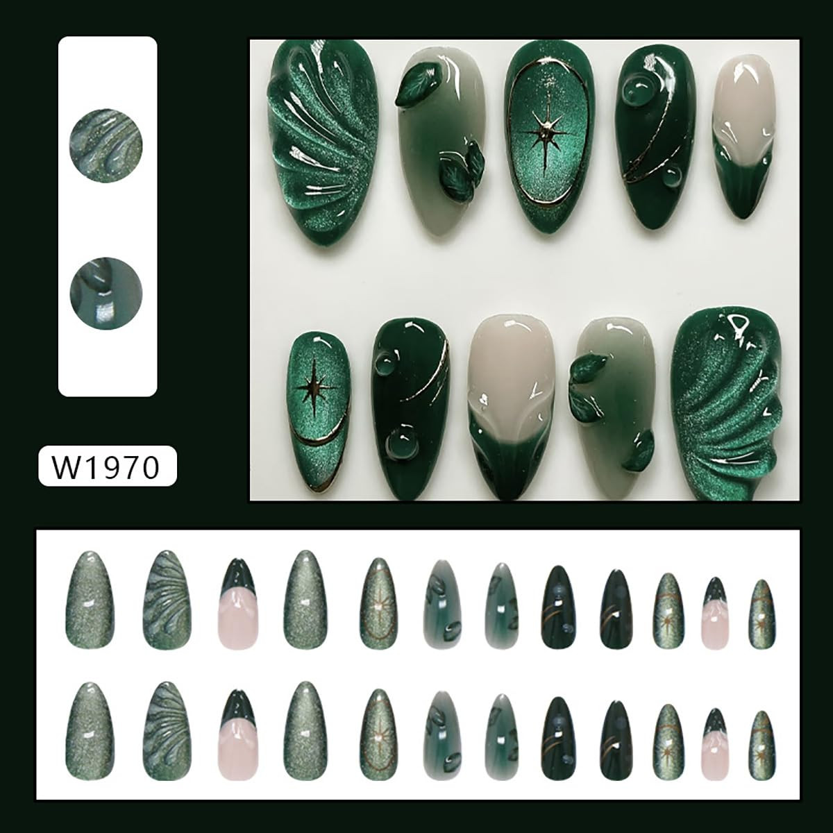 24Pcs Dark Green Press on Nails Medium Almond Fake Nails Silver Star with 3D Lea
