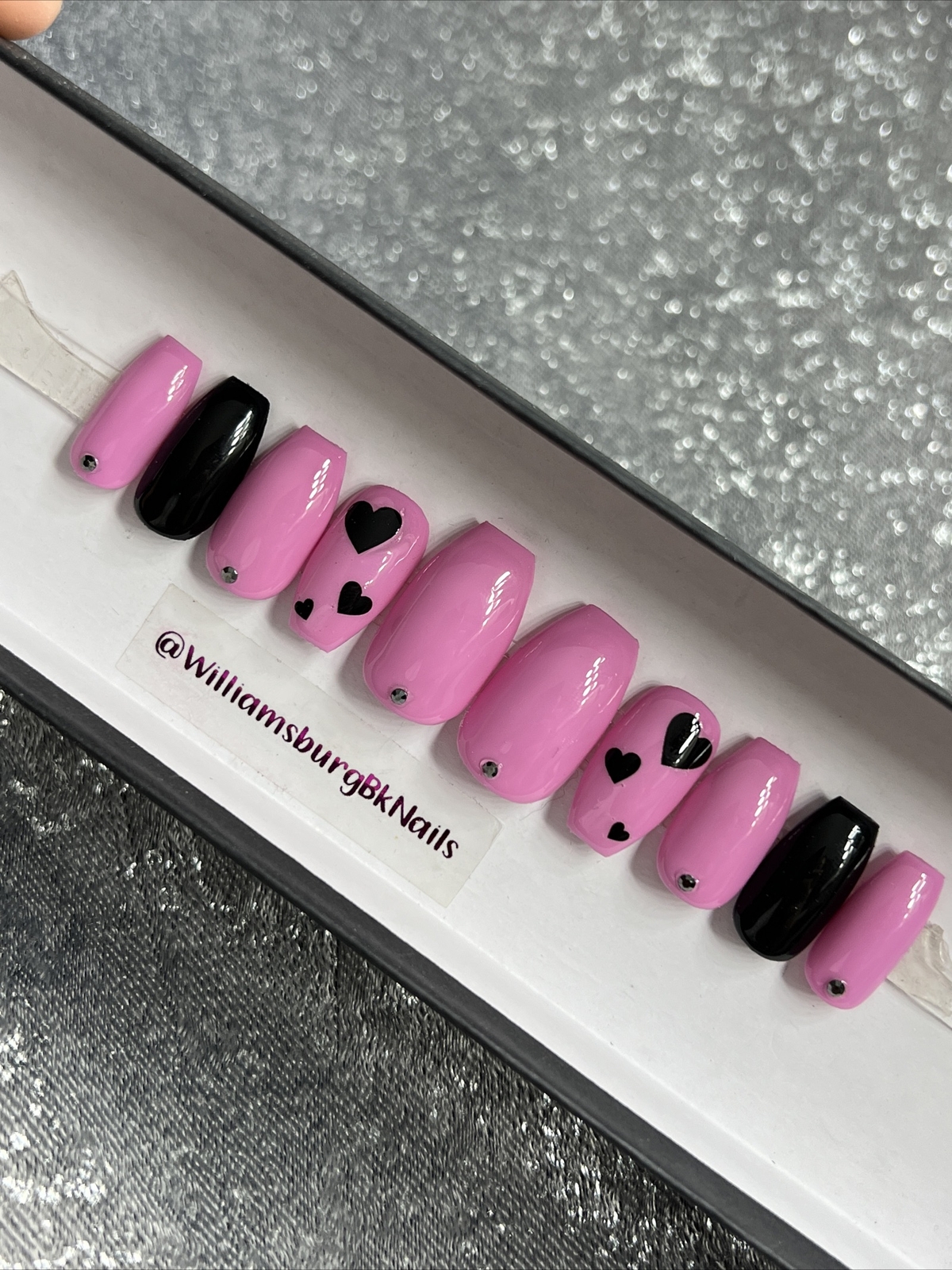 🖤 CUSTOM Gel Press On Nails, HOT PINK W BLING ,Coffin Short ,10p Set W/ kit NEW