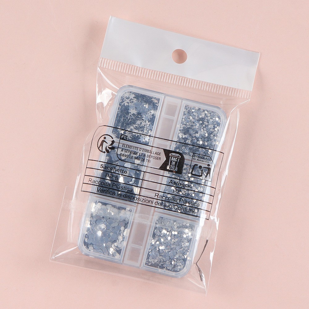 6 Grids Nail Art Glitter Sequins Silver Nail Flakes~Heart Star Round Mixed Shape