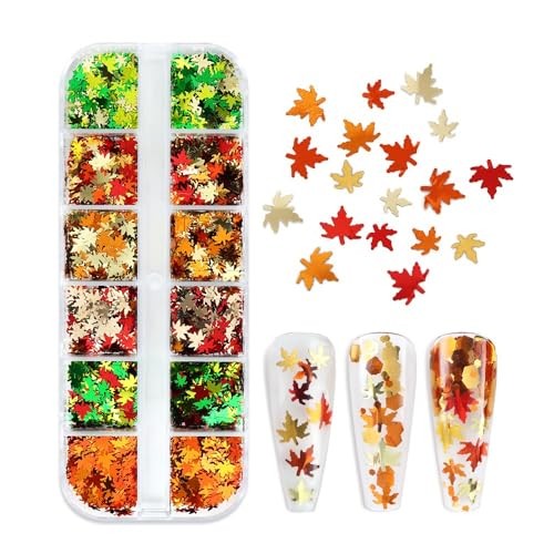 12 Grids Fall Nail Glitters 3D Gold Maple Leaf Nail Sequins with Autumn