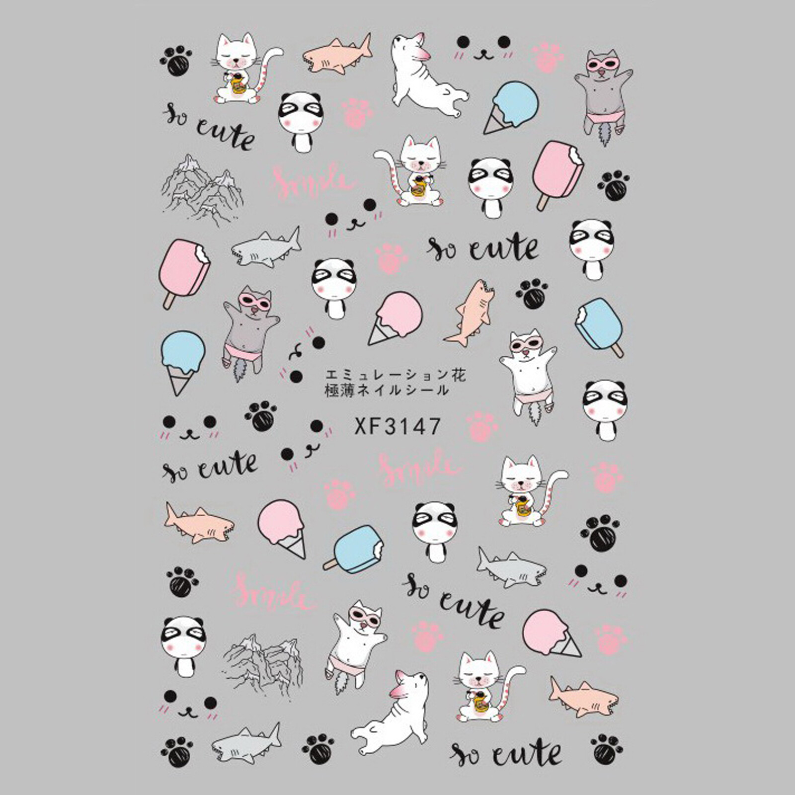 Nail Art 3D Decal Stickers cute cat ice-cream shark paw smile XF3147