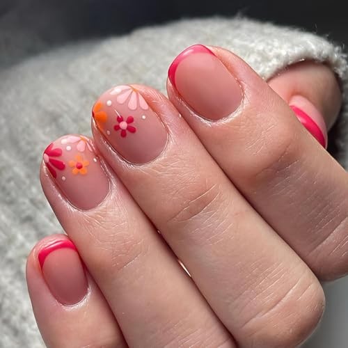 Red French Tip Press on Nails Flowers Design Short Square Fake Nails Style-40