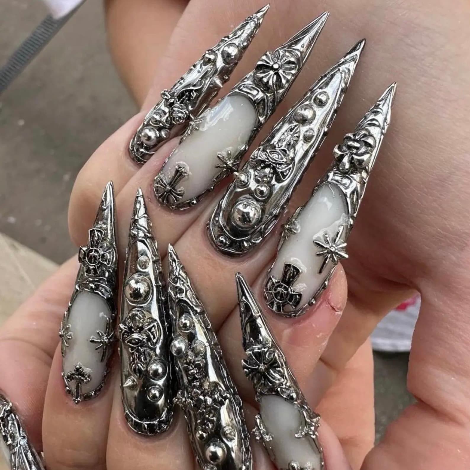 Handmade Gothic Silver Cross Metal Charms Long Stiletto Press on Nails
