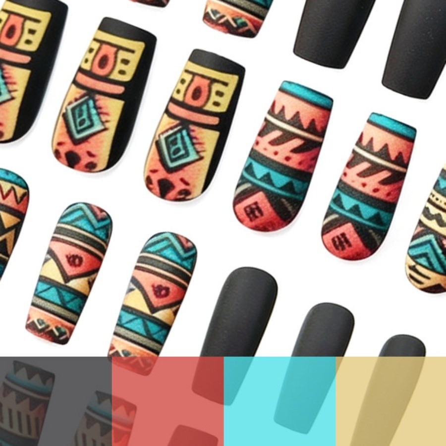 48Pcs-Medium Coffin Black Matte Tribal Pattern Press on Nails Set