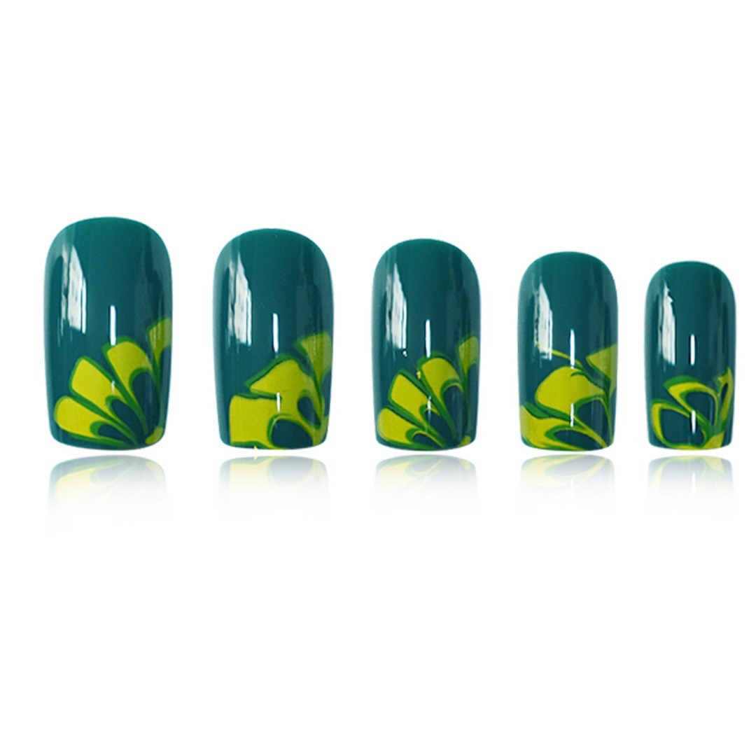 Vintage Olive Green Floral Square Press On Nails INS Style Wholesale