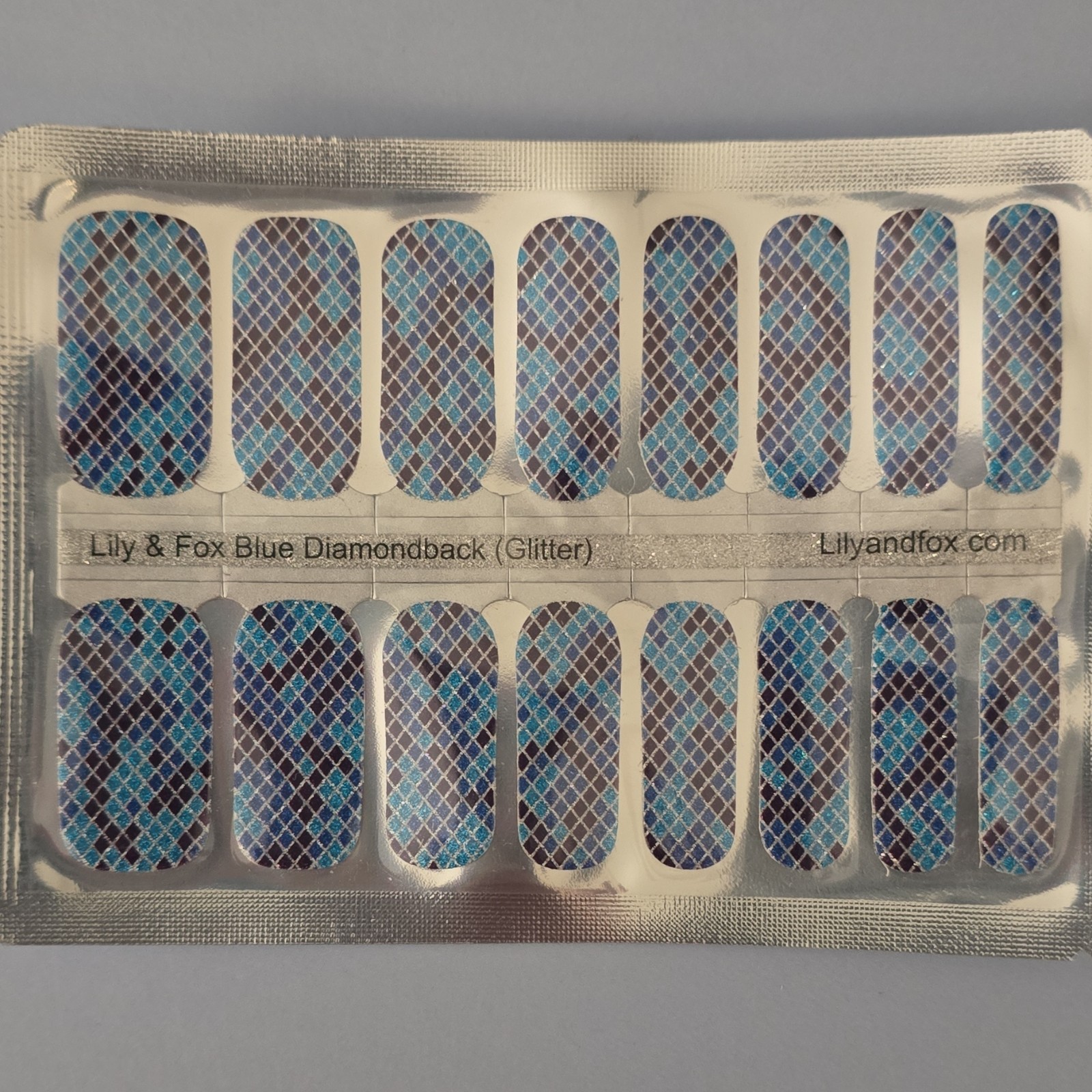 Lily & Fox Nail Wraps – Blue Black Silver Glitter Diamondback – Full Wrap