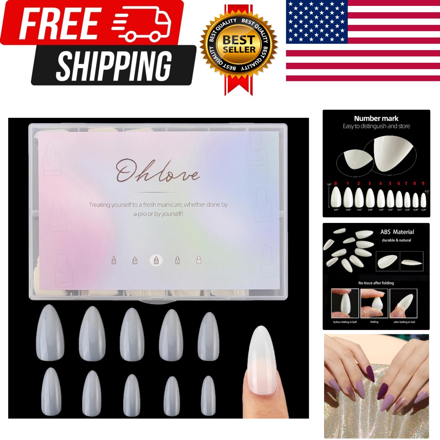 500Pcs Medium Almond Fake Nail Tips Full Cover Clear Acrylic Nails Press on N…