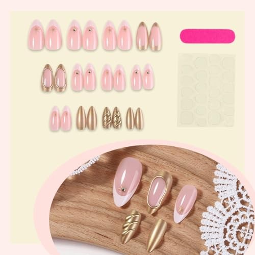 French Tip Press On Nails Medium Almond Fake Nails Gold False normal-nails13
