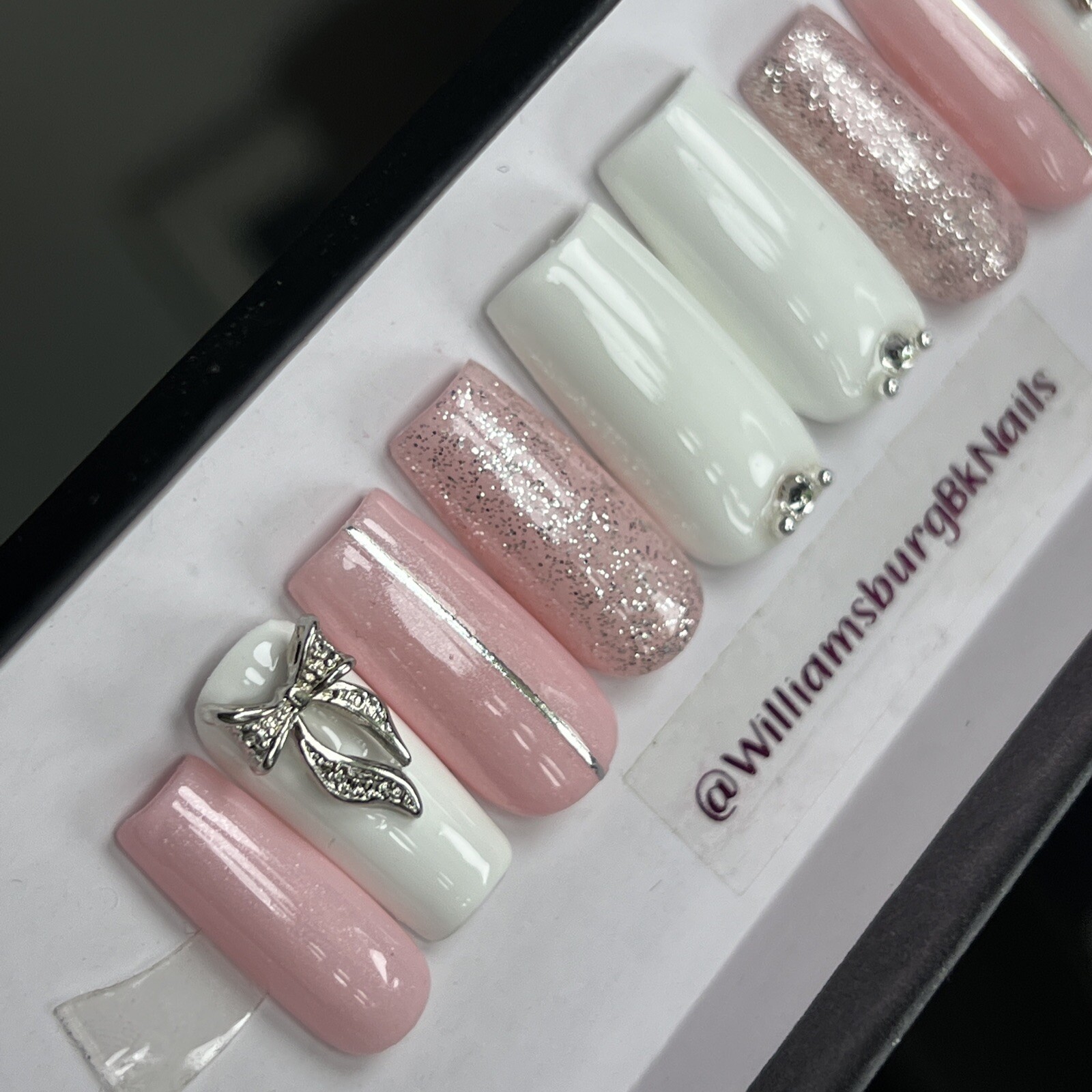 🎀 CUSTOM Gel Press On Nails, Pink BOW W/ Bling 10p set FULL SET W Kit