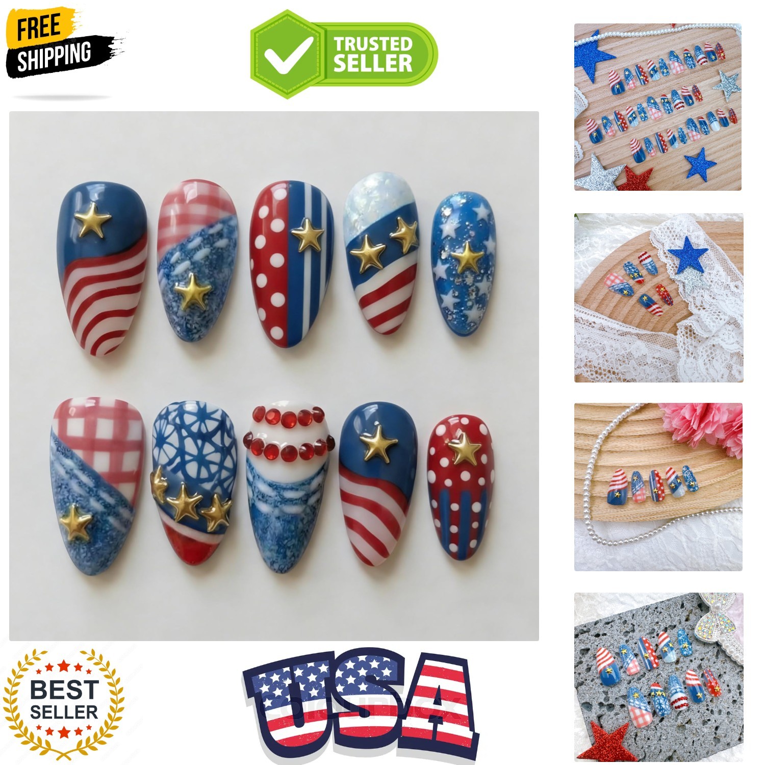 30Pcs 4th of July Press on Nails Medium Almond Fake Nails with Gold Star Red …