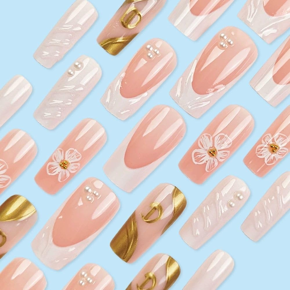 QQPPOLIU Square Press on Nails Long Pink Glue General,24, Various colors