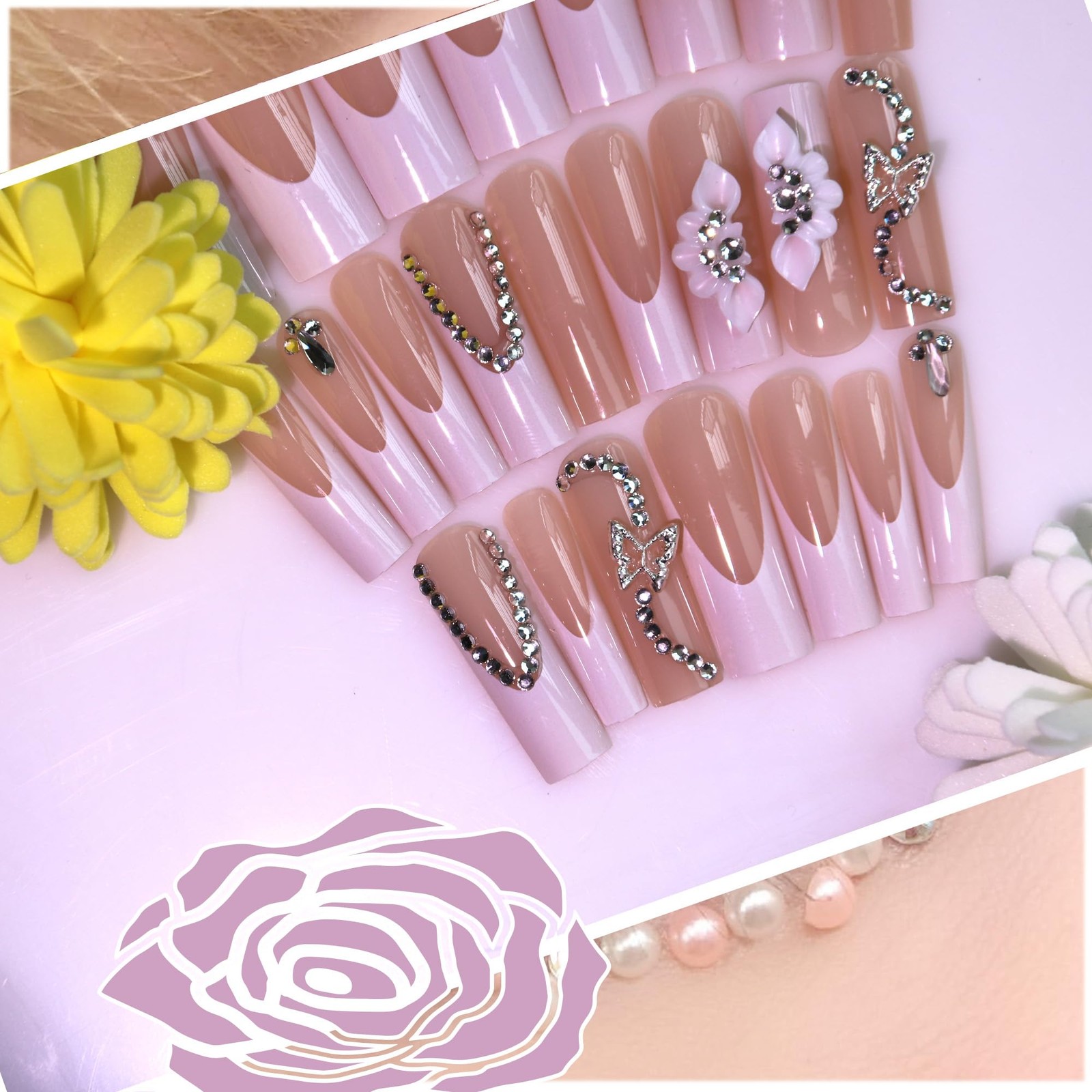Floral Press on Nails Kit French Tip Nails Press Ons Long Silver butterfly Rh…