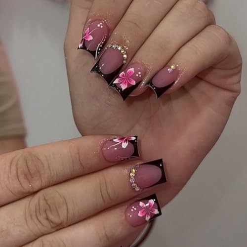 24Pcs Black French Tip Press on Nails Medium Square Flower Nails Medium-30