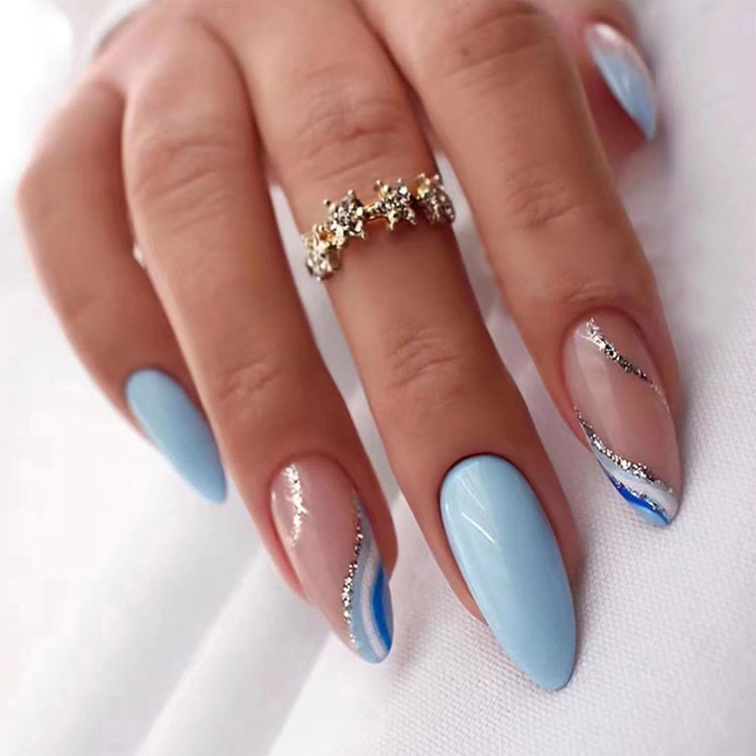 24Pcs Chrome Almond Press On Nails Medium Glossy Fake Nails with Glue Tabs