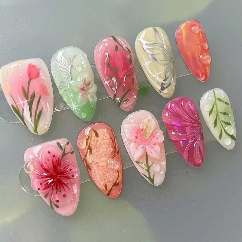 24Pcs Wearable False Nails 3D Flower Strawberry Green Gradient Pearl Mid-length
