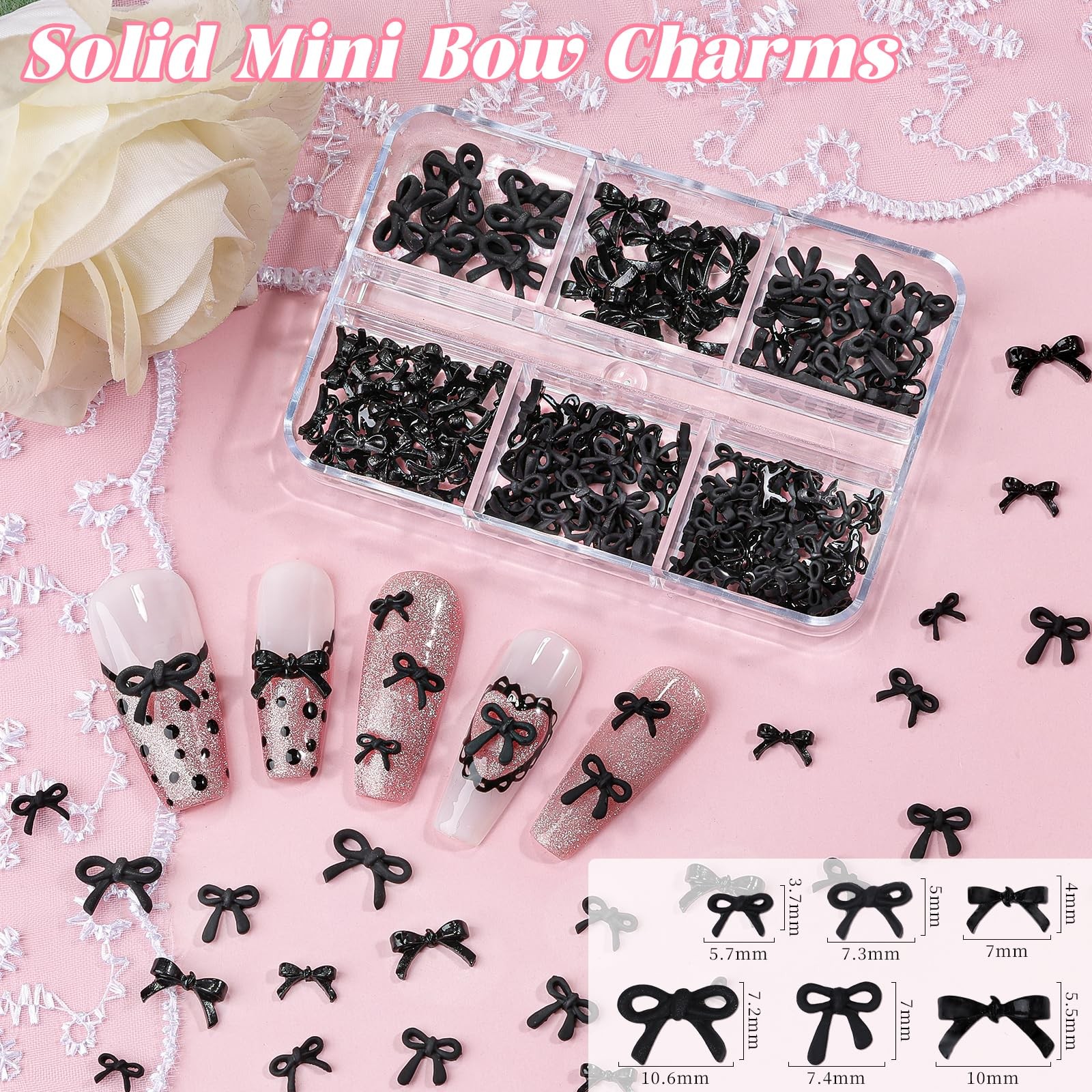 2 Boxes 3D Bow Nail Charms, Black Mini Bow Charms Transparent/Solid Resin Bow…