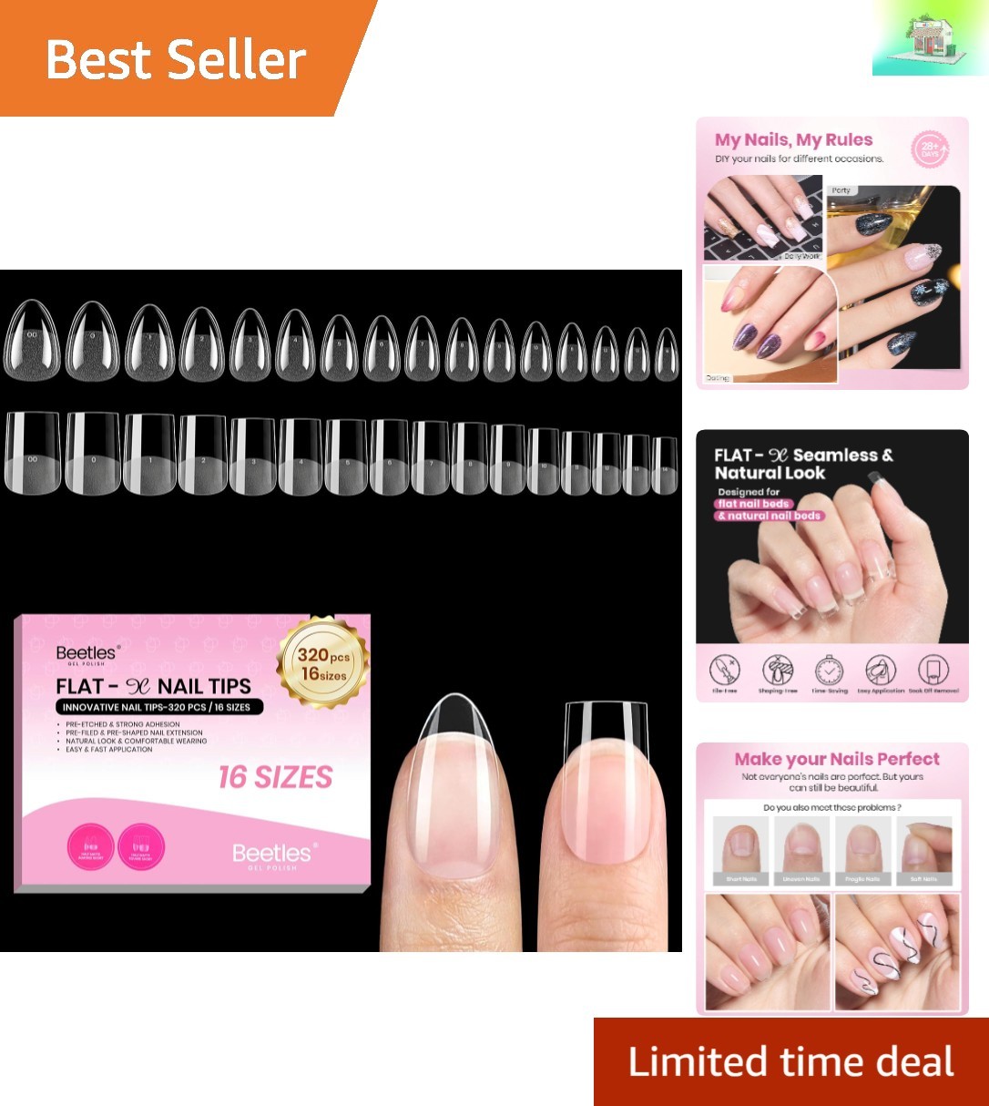 Beetles Flat-X Almond Square Nail Tips – Easy DIY, 320pcs, Durable & Breathable