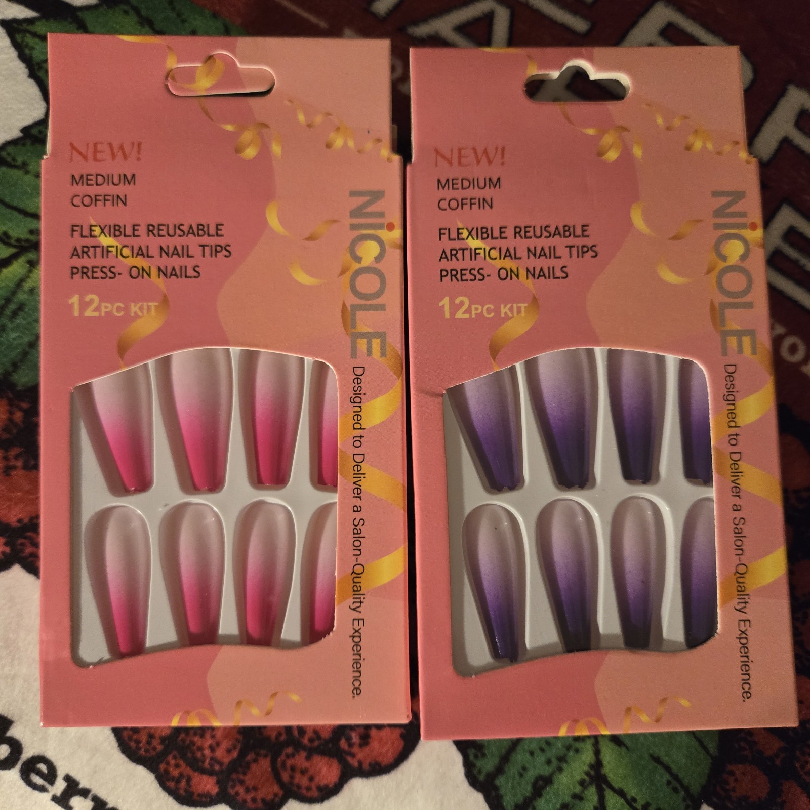 2 Pack Press On Pink Purple Ombre Medium Coffin Nails 12 Pieces