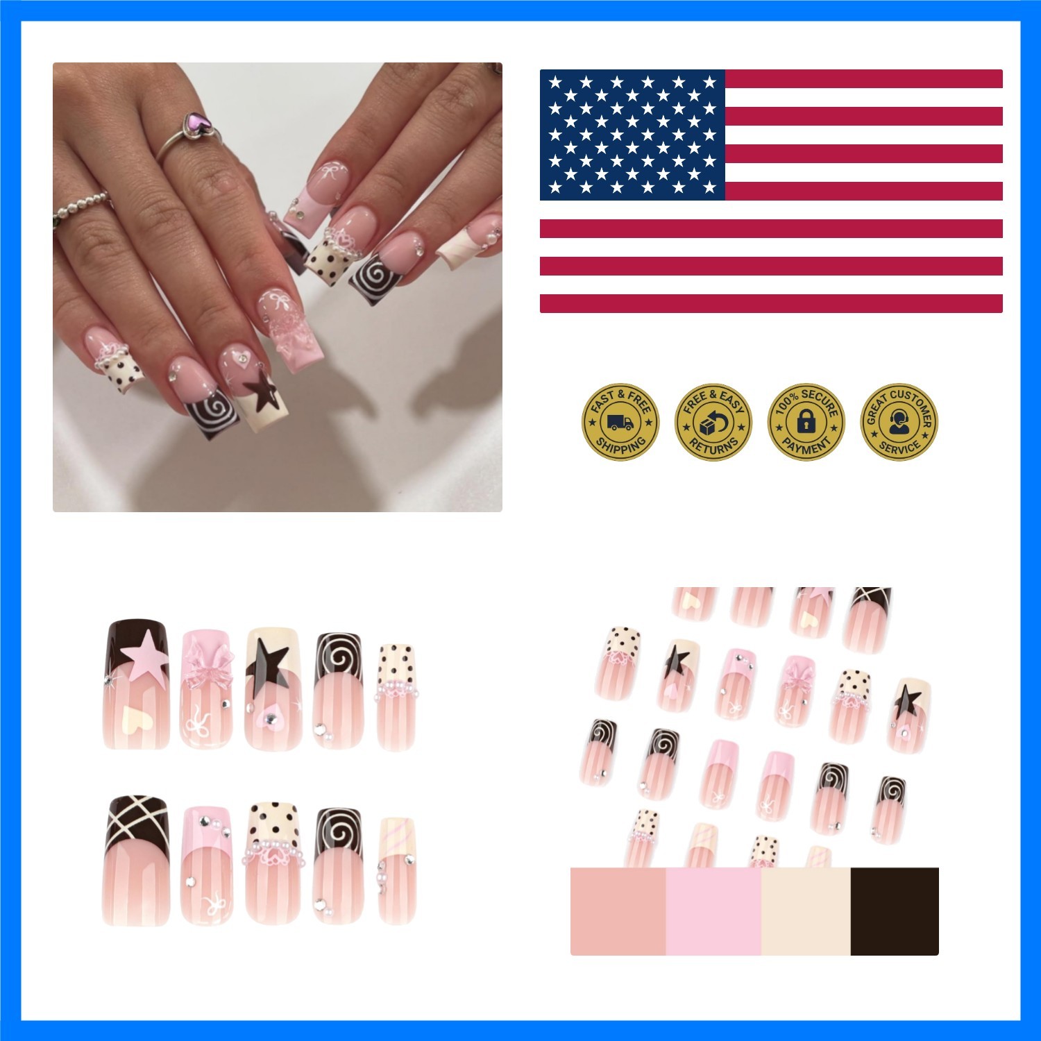 Long Square Press on Nails Sweet Y2K Fake Nail for Women 24Pcs | French Tip F…