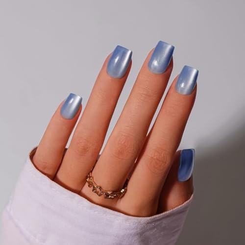 Cat Eye Press On Nails Short, 30 Pcs Glitter Pastel Blue glass light blue