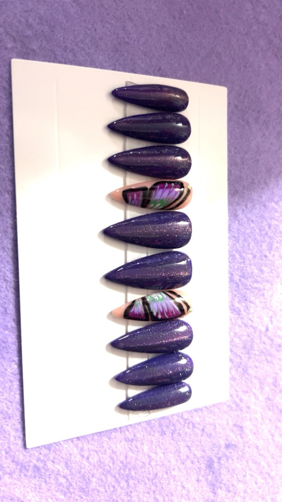 Purple Multicolor Glitter Butterfly Stiletto Long Full Cover Press-On Nails Set