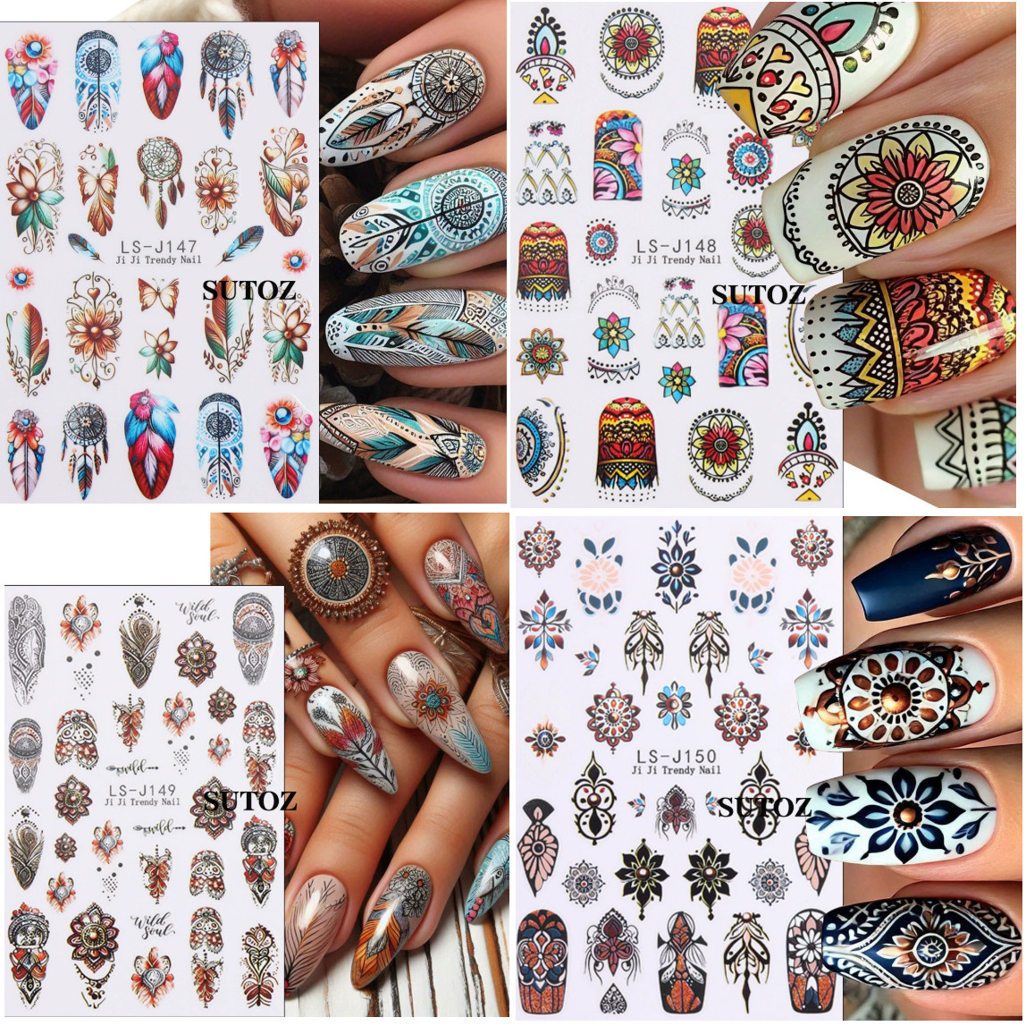 4Pcs Set Nail Art Retro Bohemian Flower Stickers Self Adhesive DIY Peel Off NH29