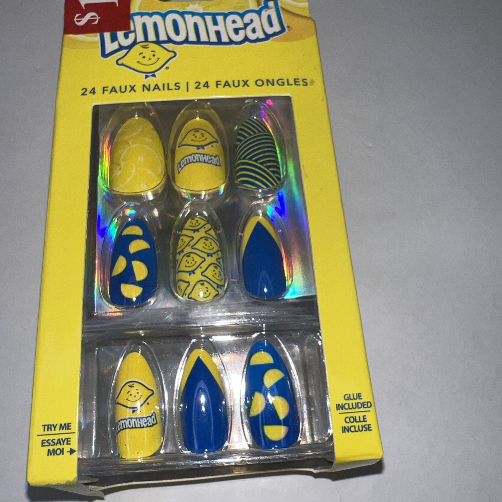 24pc Claire’s Fake False Press On Glue On Vegan Lemonade Almond Yellow Blue