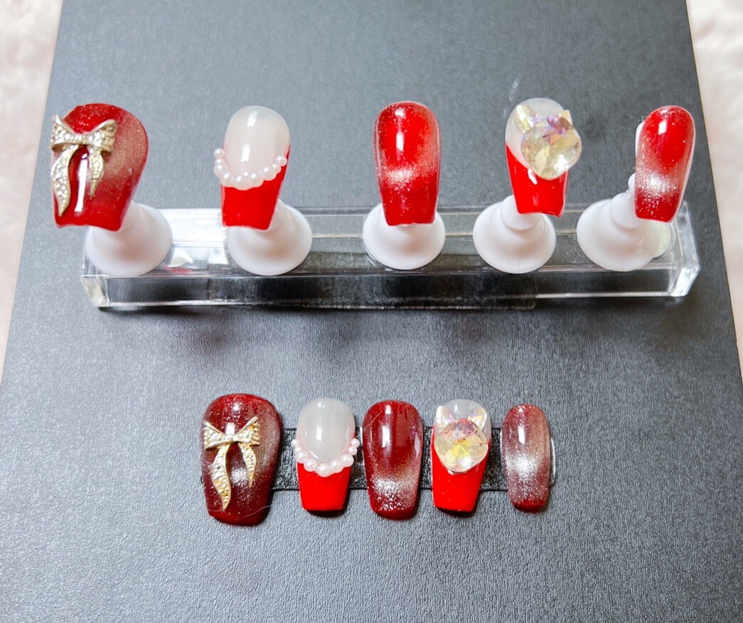 Nails Handmade press on nails 3D size M Bow Red