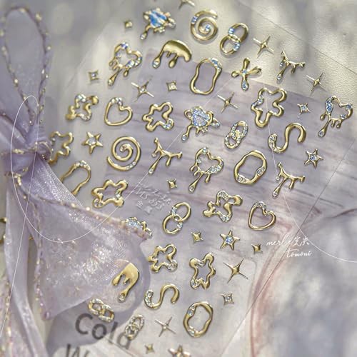 3D Nail Stickers for Nail Art, Embossed Self-Adhesive Cute Nail Irregular Gold