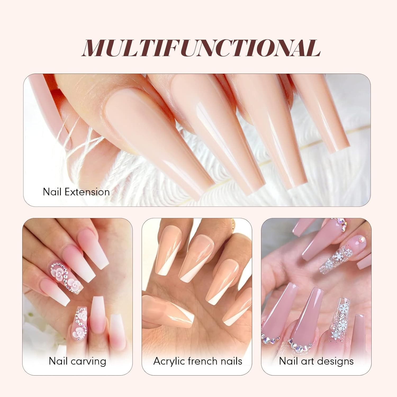 Acrylic Nail Kit with Powder, Liquid & Brush Set, 3 Colors Pink Nude Clear
