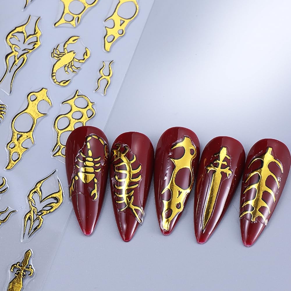 4 Sheets Goth Nail Stickers for Nail Art 3D Punk Style Black Belt Nail Art St…