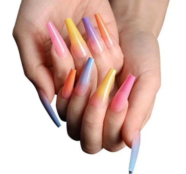 *Brand New* Neon Rainbow Ombre Press On Fake Nails – Reusable!